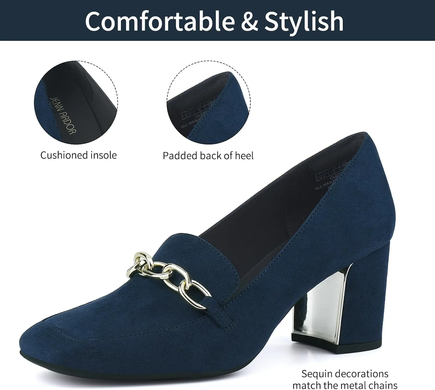 JENN ARDOR Heeled Loafers for Women Block Heel Loafers Comfortable Square Toe Chunky Pumps for Women Work Heels Office Shoes Ladies Professional Classy Dressy Shoes with Chain