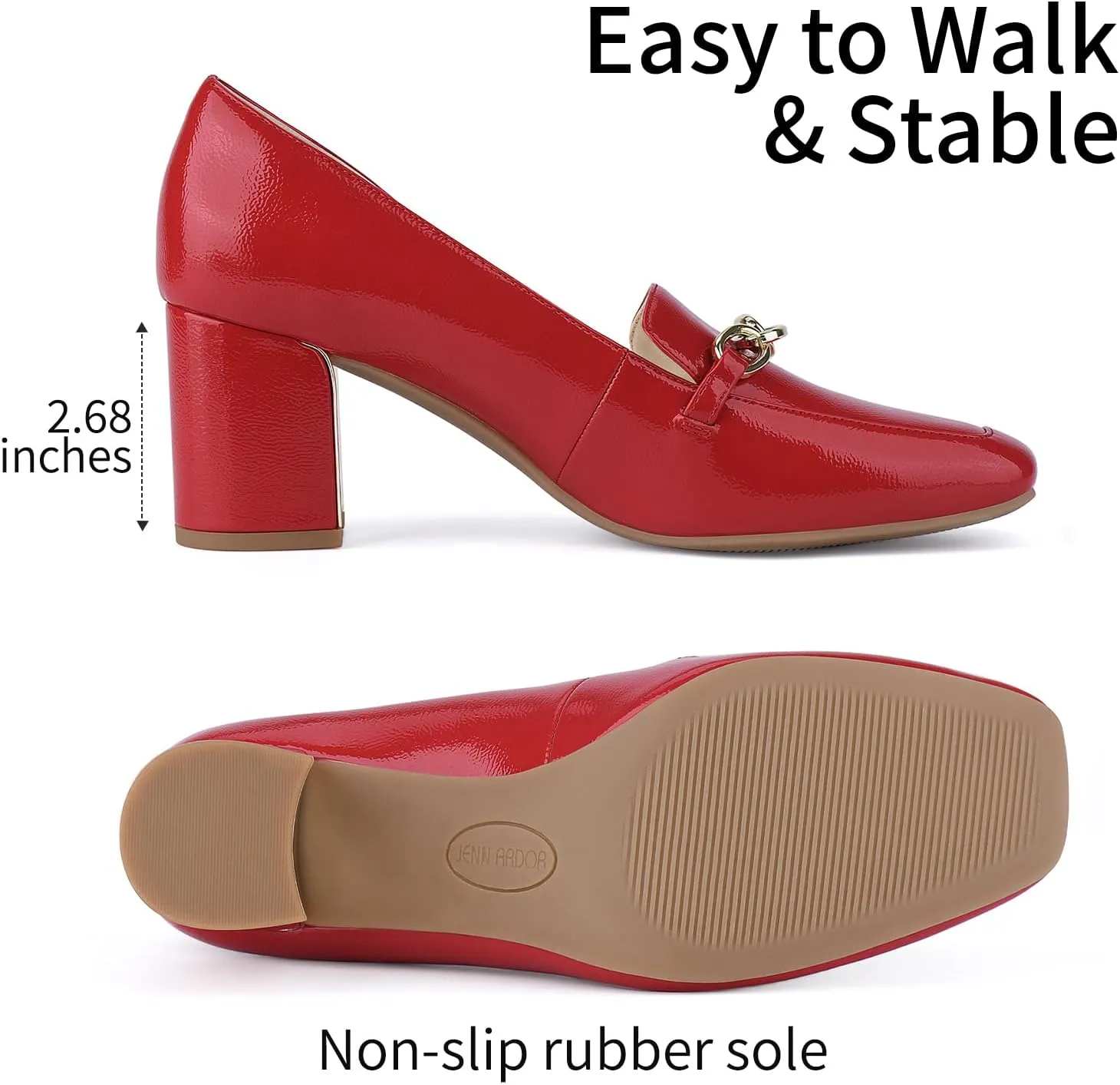 JENN ARDOR Heeled Loafers for Women Block Heel Loafers Comfortable Square Toe Chunky Pumps for Women Work Heels Office Shoes Ladies Professional Classy Dressy Shoes with Chain