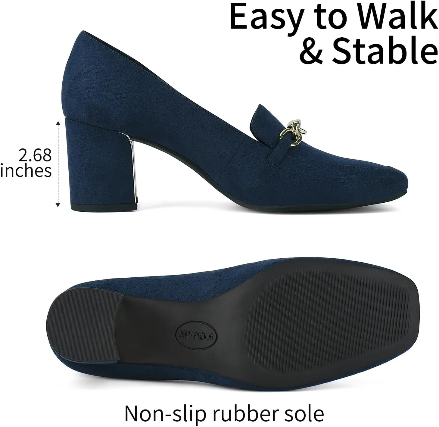 JENN ARDOR Heeled Loafers for Women Block Heel Loafers Comfortable Square Toe Chunky Pumps for Women Work Heels Office Shoes Ladies Professional Classy Dressy Shoes with Chain
