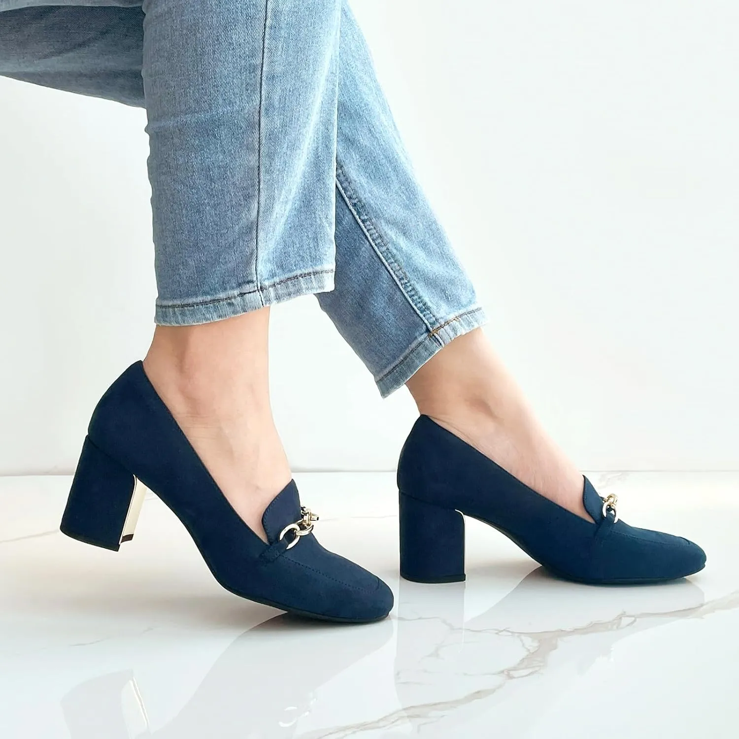 JENN ARDOR Heeled Loafers for Women Block Heel Loafers Comfortable Square Toe Chunky Pumps for Women Work Heels Office Shoes Ladies Professional Classy Dressy Shoes with Chain