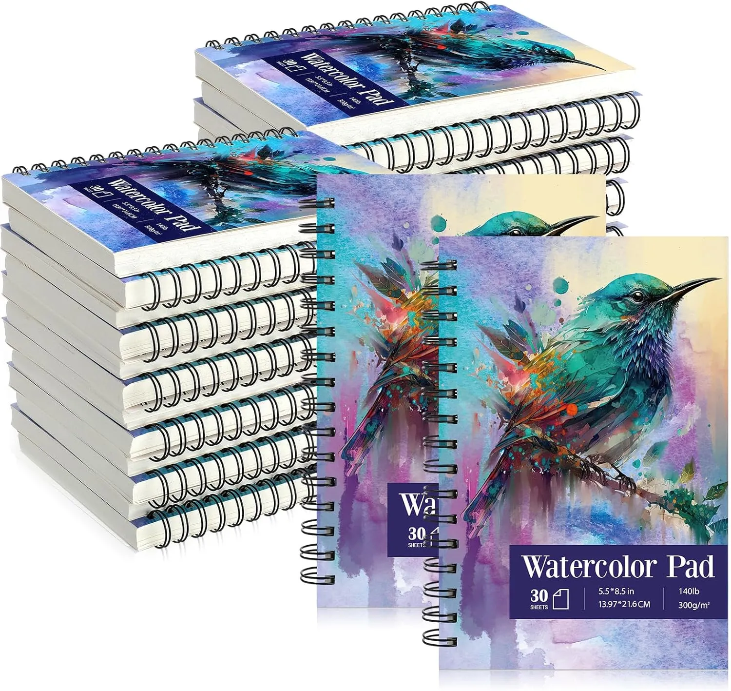 Jetec 12 Pcs 5.5 x 8.5 Inch Watercolor Paper Pad 140lb 300gsm Watercolor Pad Art Supply Acid Free Paper 30 Sheets Each Spiral Bound for Paint Pencil Ink Charcoal Pastel Acrylic Wet Dry Media Artist