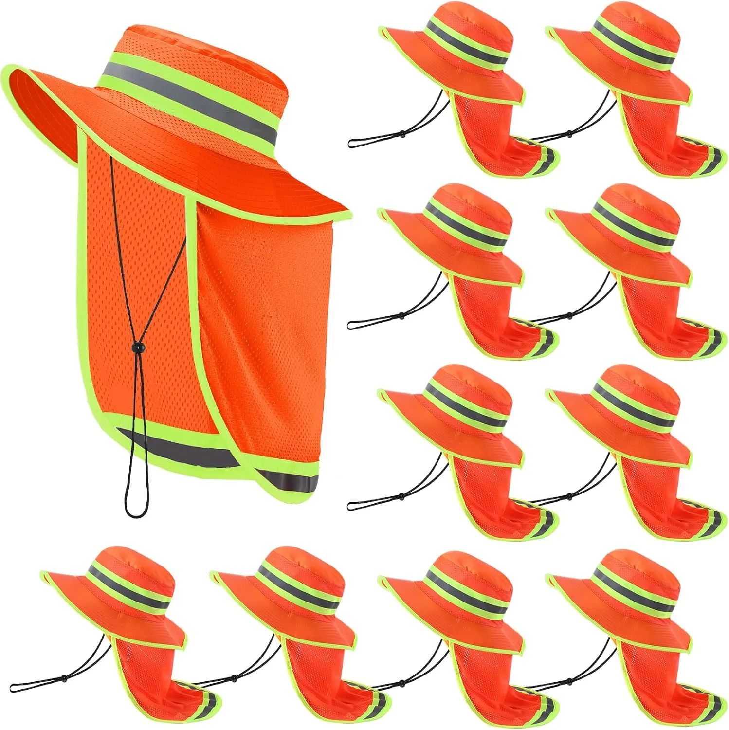 Jexine 10 Pcs High Visibility Reflective Hat with Neck Flap Safety Sun Hat for Men Bucket Cap Boonie Hats Bulk