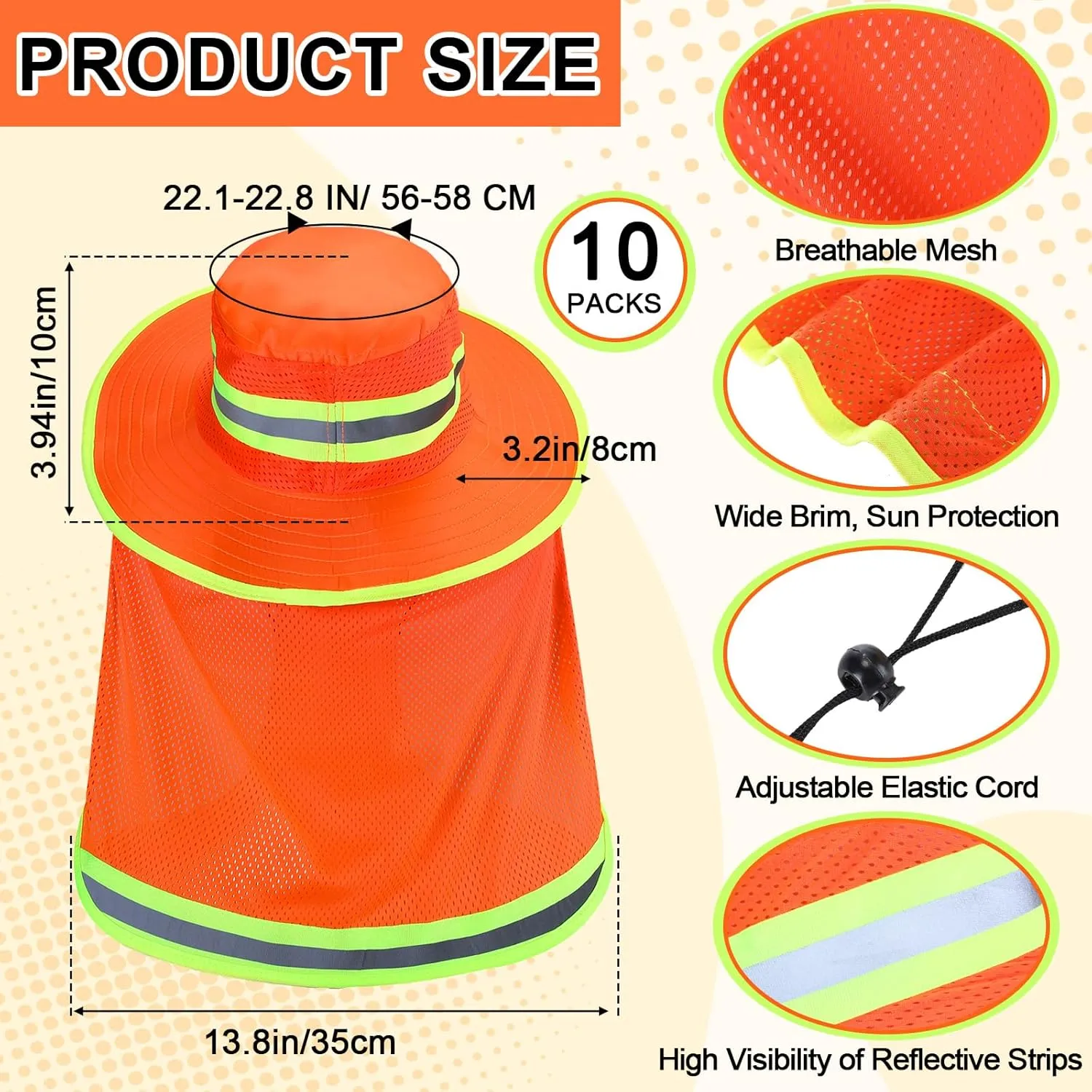 Jexine 10 Pcs High Visibility Reflective Hat with Neck Flap Safety Sun Hat for Men Bucket Cap Boonie Hats Bulk