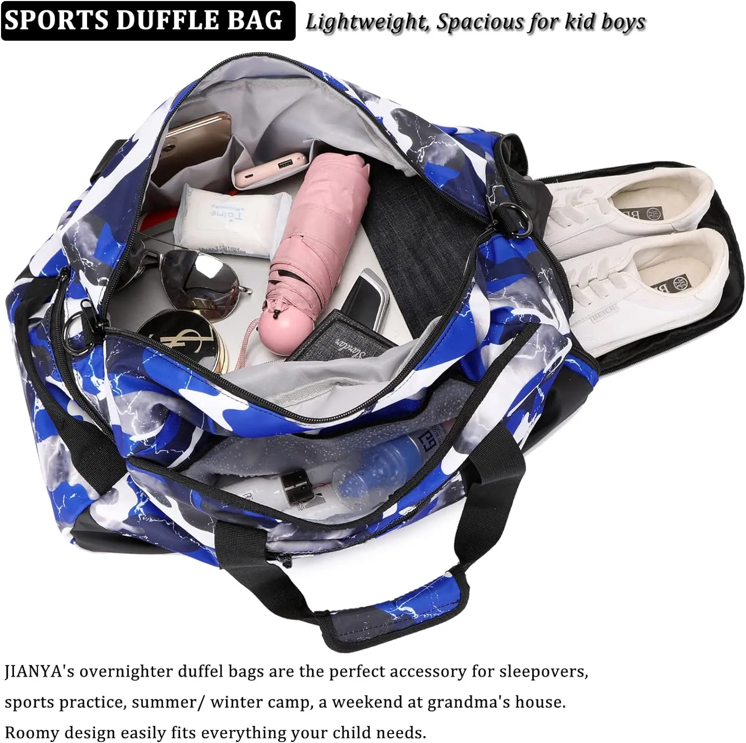 JIANYA Kids Overnight Duffle Bag Boys Sports Gym Bag with Shoe Compartment & Wet Pocket, Carry On Sleepover Bag Athletic Bag
