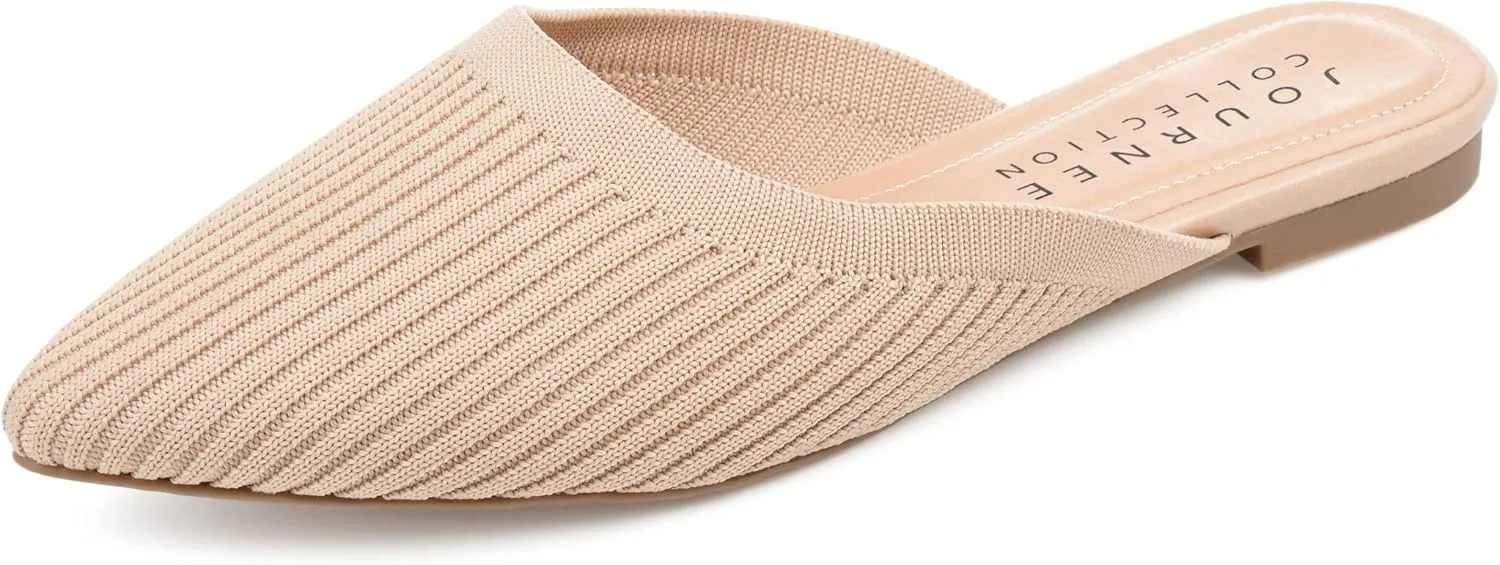 Journee Flat Knit Mules for Women - Closed Pointed Toe Slip-On Shoe - Comfortable Aniee Slide Beige, 9 Wide