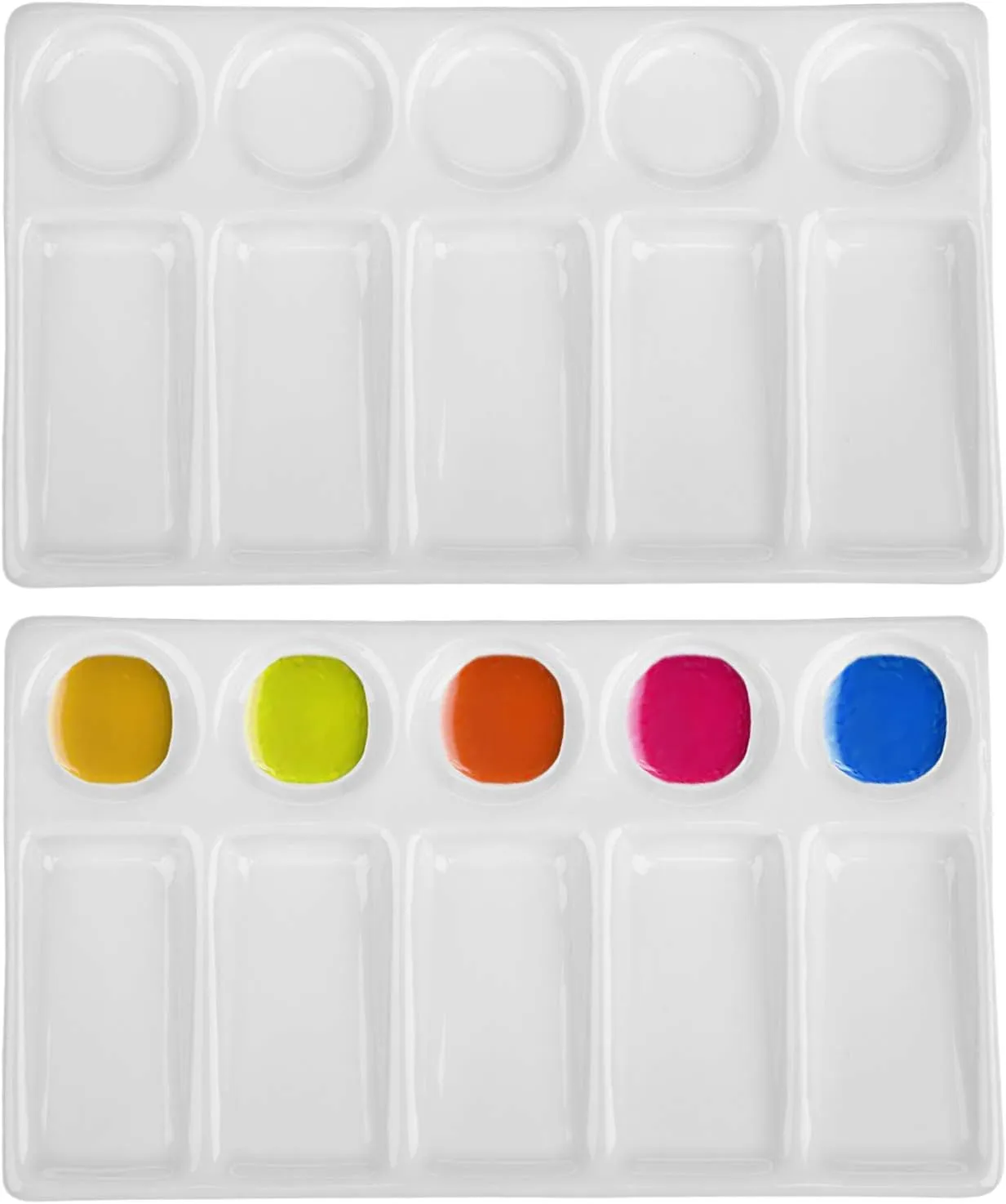 Jucoan 2 Pack 10-Well Ceramic Watercolor Painting Palette, 7-1/2 x 4-1/4 Inch Rectangle Porcelain Artist Paint Palette Mixing Tray for Watercolor, Gouache, Acrylic