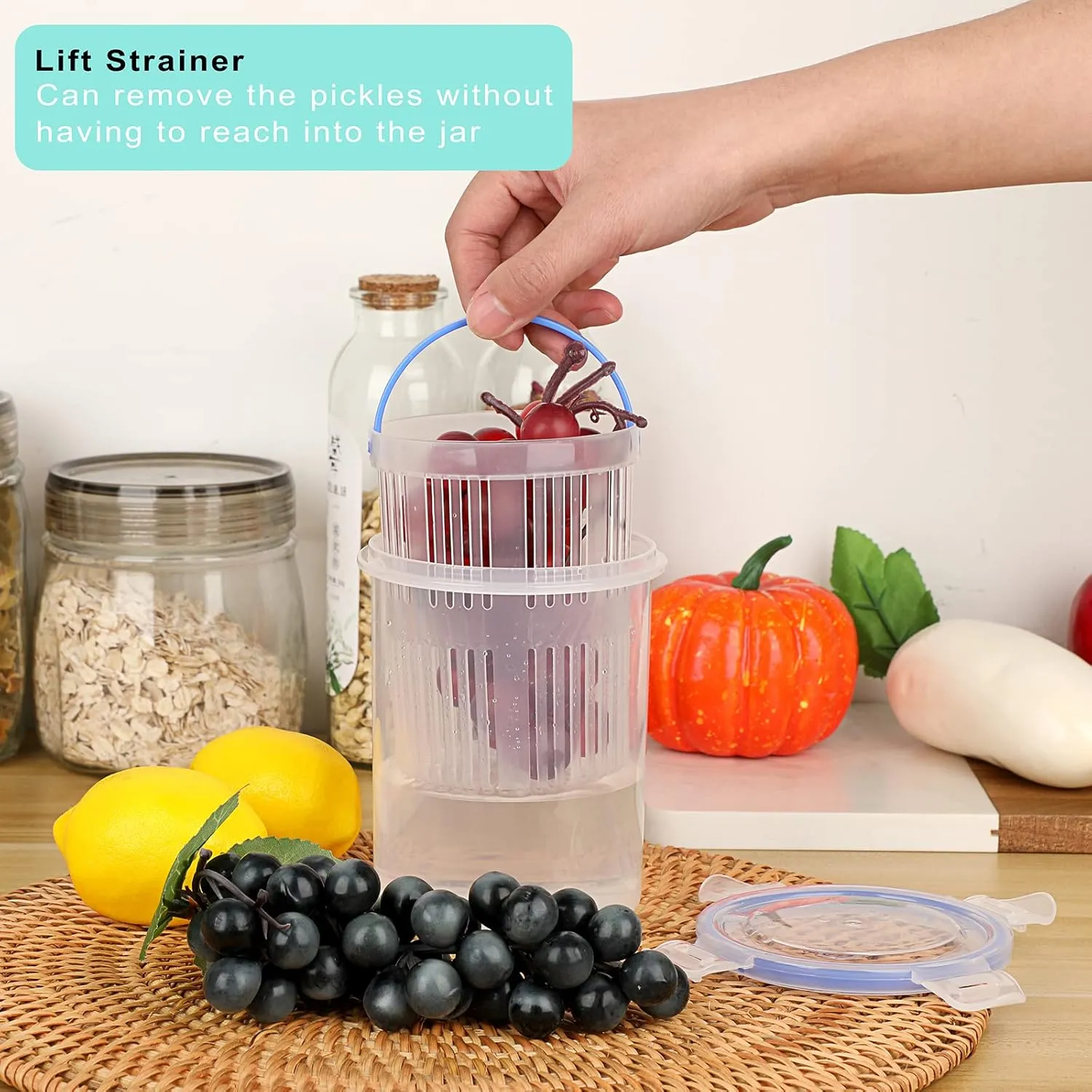 JUXYES 3 Pack Plastic Pickle Jar with Strainer Flip, Transparent Pickle Storage Container with Strainer Insert, Pickle Jar Juice Separator Dry Wet Separation, Pickle And Olive Container with Lock