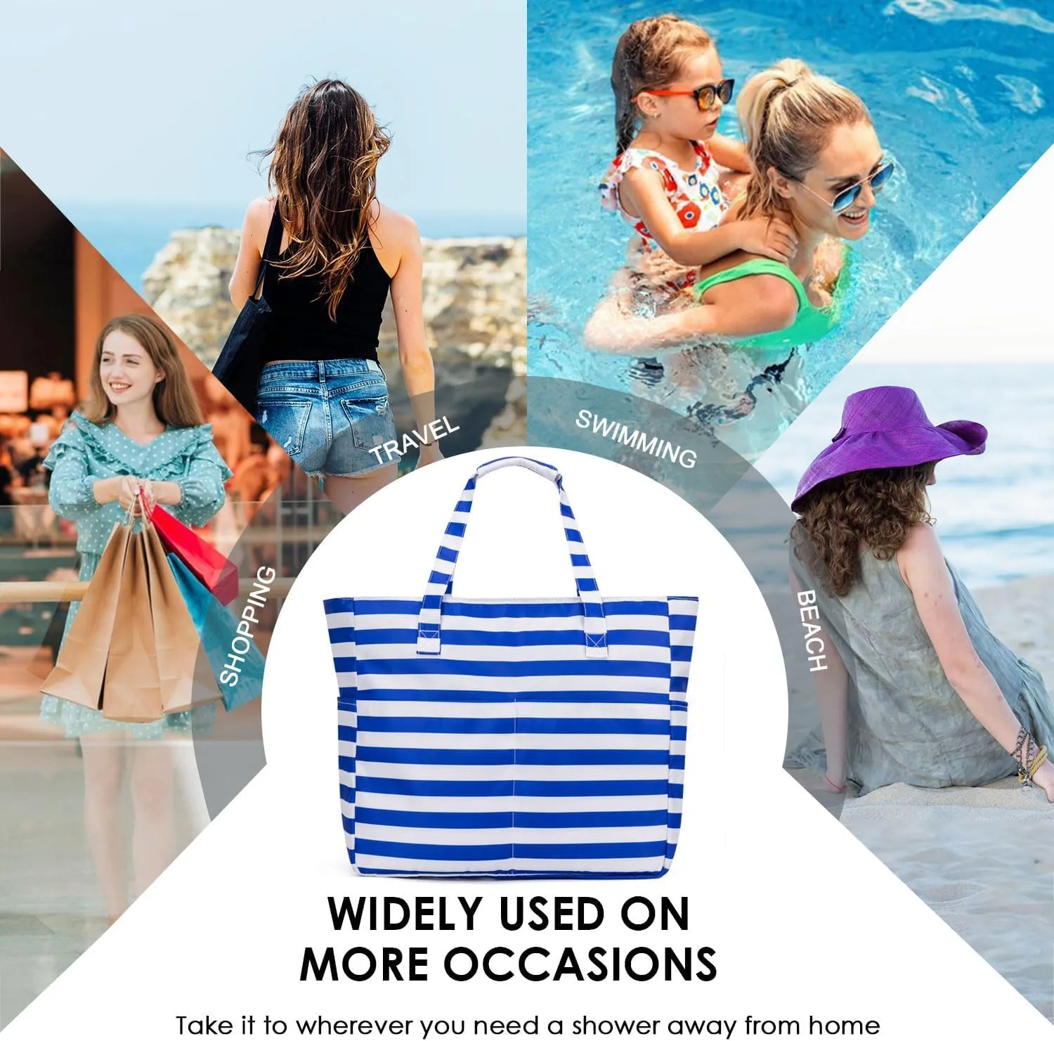 KABAQOO Extra Large Beach Bag Waterproof Sandproof Women Beach Tote with Zipper & Wet Compartment for Pool Gym Grocery Travel