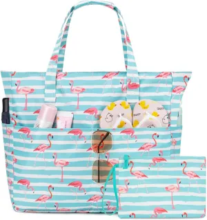 KABAQOO Extra Large Beach Bag Waterproof Sandproof Women Beach Tote with Zipper & Wet Compartment for Pool Gym Grocery Travel