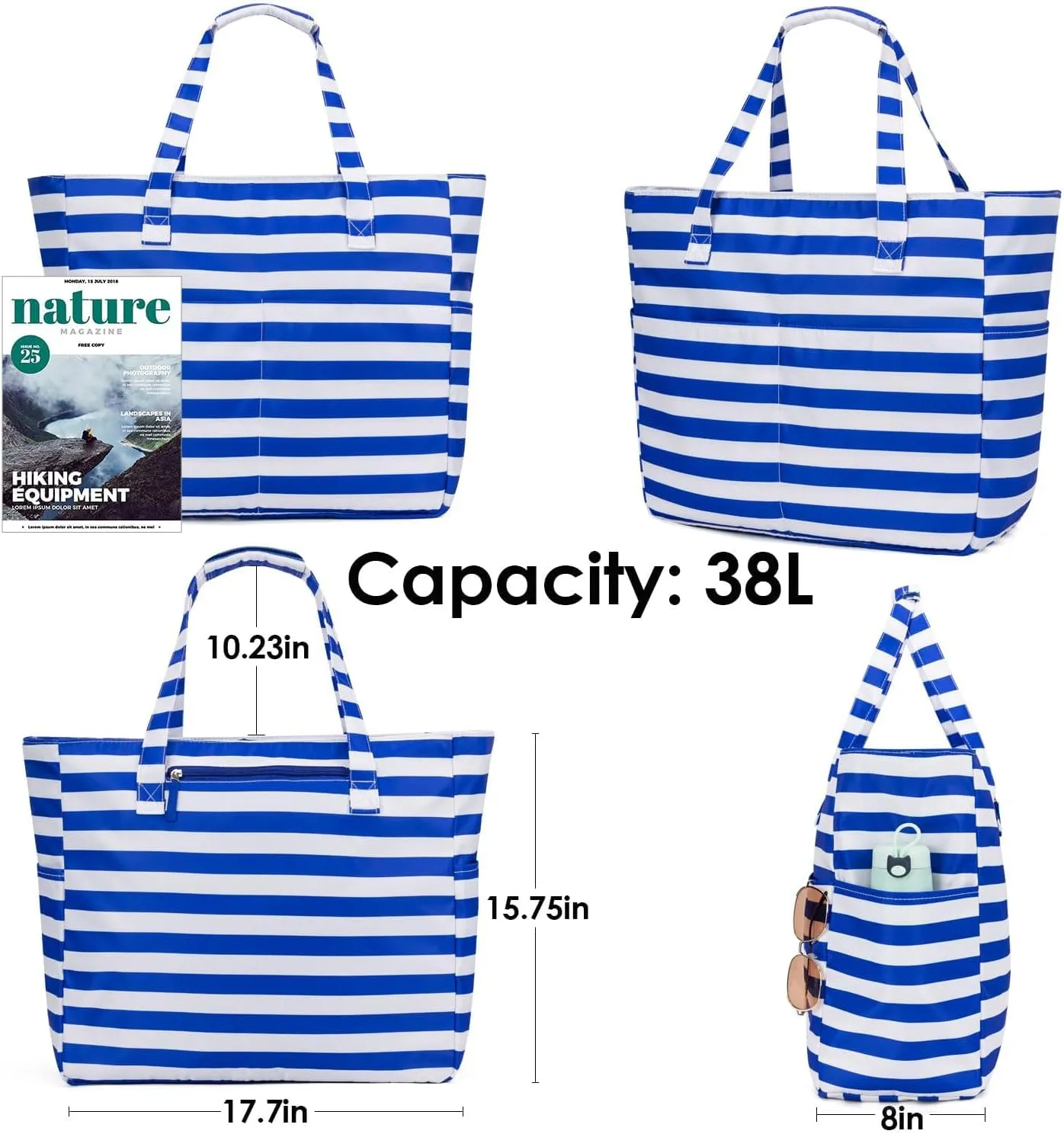 KABAQOO Extra Large Beach Bag Waterproof Sandproof Women Beach Tote with Zipper & Wet Compartment for Pool Gym Grocery Travel