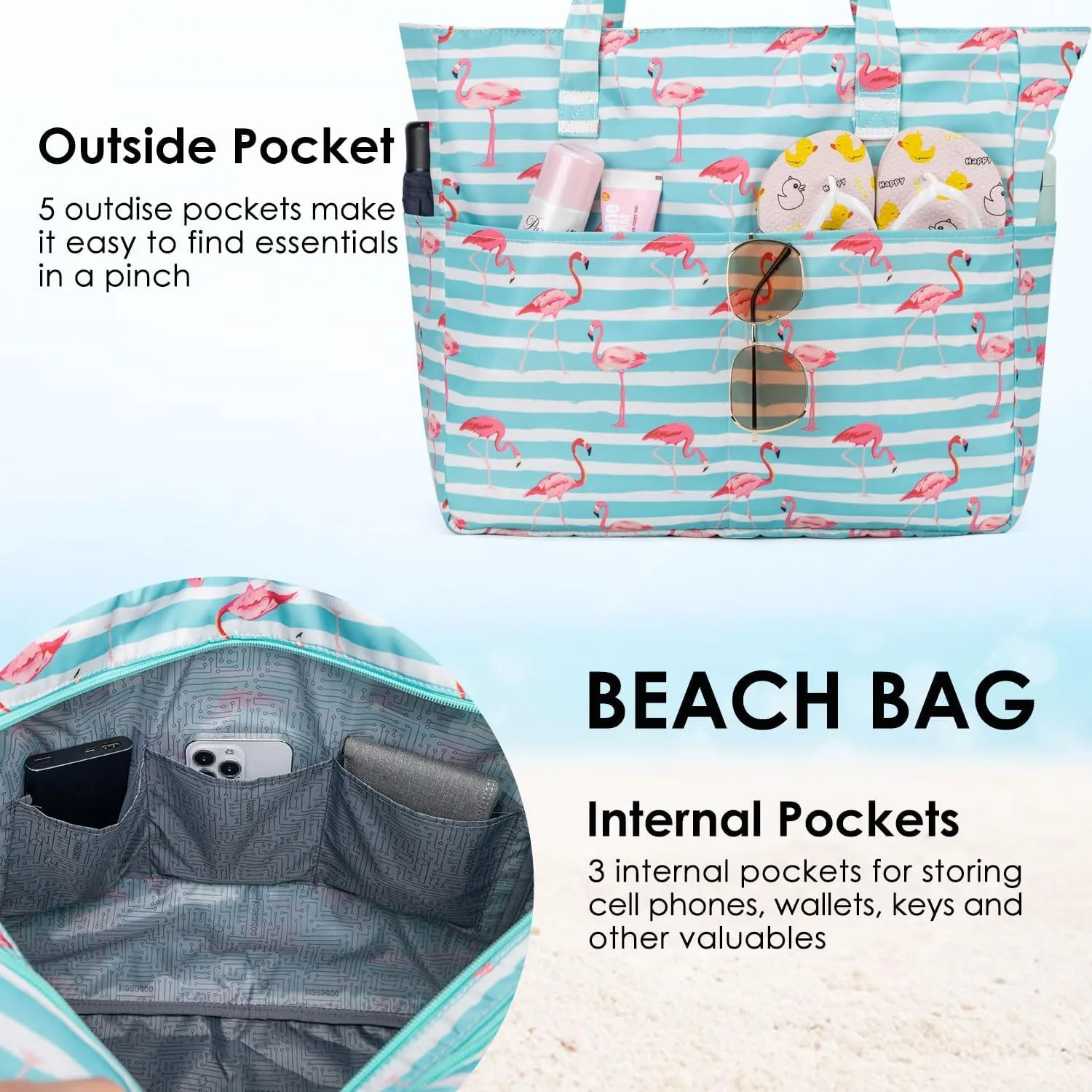 KABAQOO Extra Large Beach Bag Waterproof Sandproof Women Beach Tote with Zipper & Wet Compartment for Pool Gym Grocery Travel