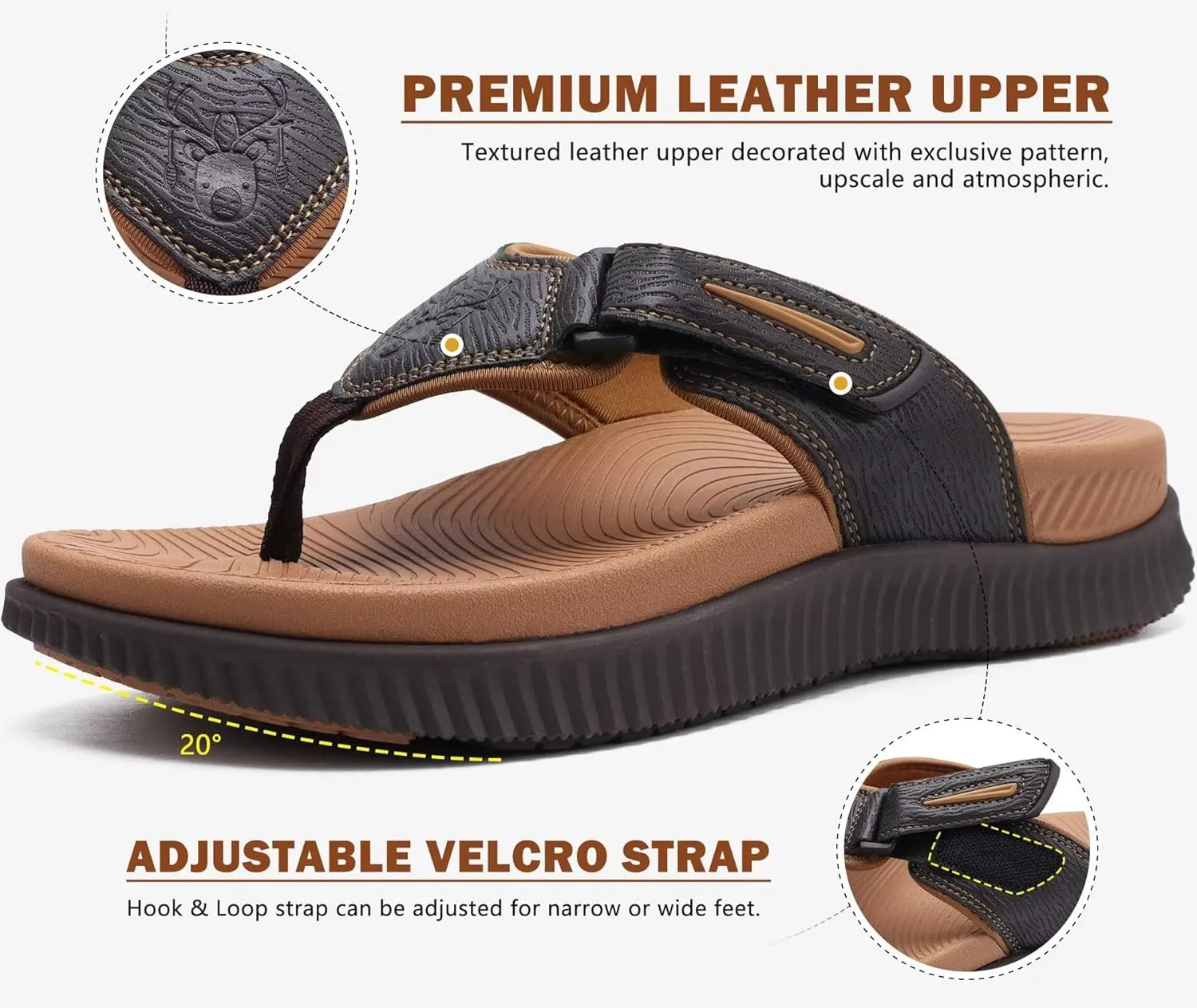 KuaiLu Mens Orthotic Flip Flops Men's Recovery Walking Sandals Adjustable Thick Athletic Cushion Sport Slides for Man, Water Resistant & Lightweight, Soft Comfort Fit & Arch Support