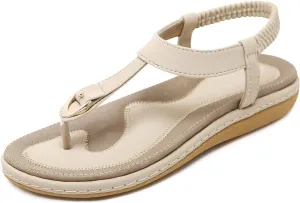 KUNWFNIX Womens Sandals Comfortable Summer Dressy Flat Sandals Bohemian Clip Toe Leather Upholstery T-Strap Flip Flop Thong Sandals