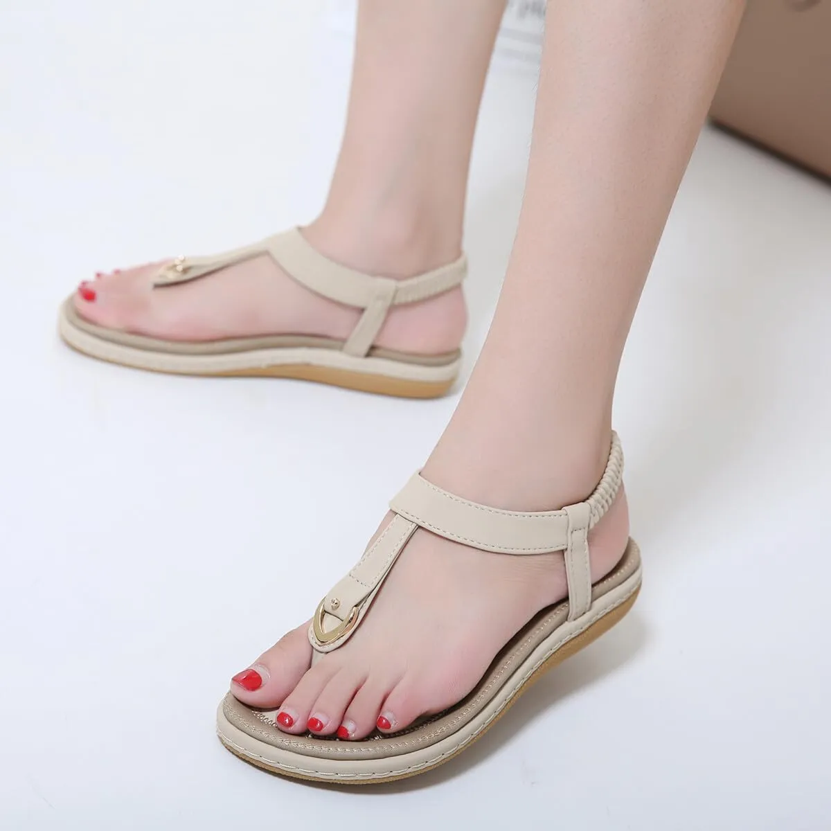 KUNWFNIX Womens Sandals Comfortable Summer Dressy Flat Sandals Bohemian Clip Toe Leather Upholstery T-Strap Flip Flop Thong Sandals