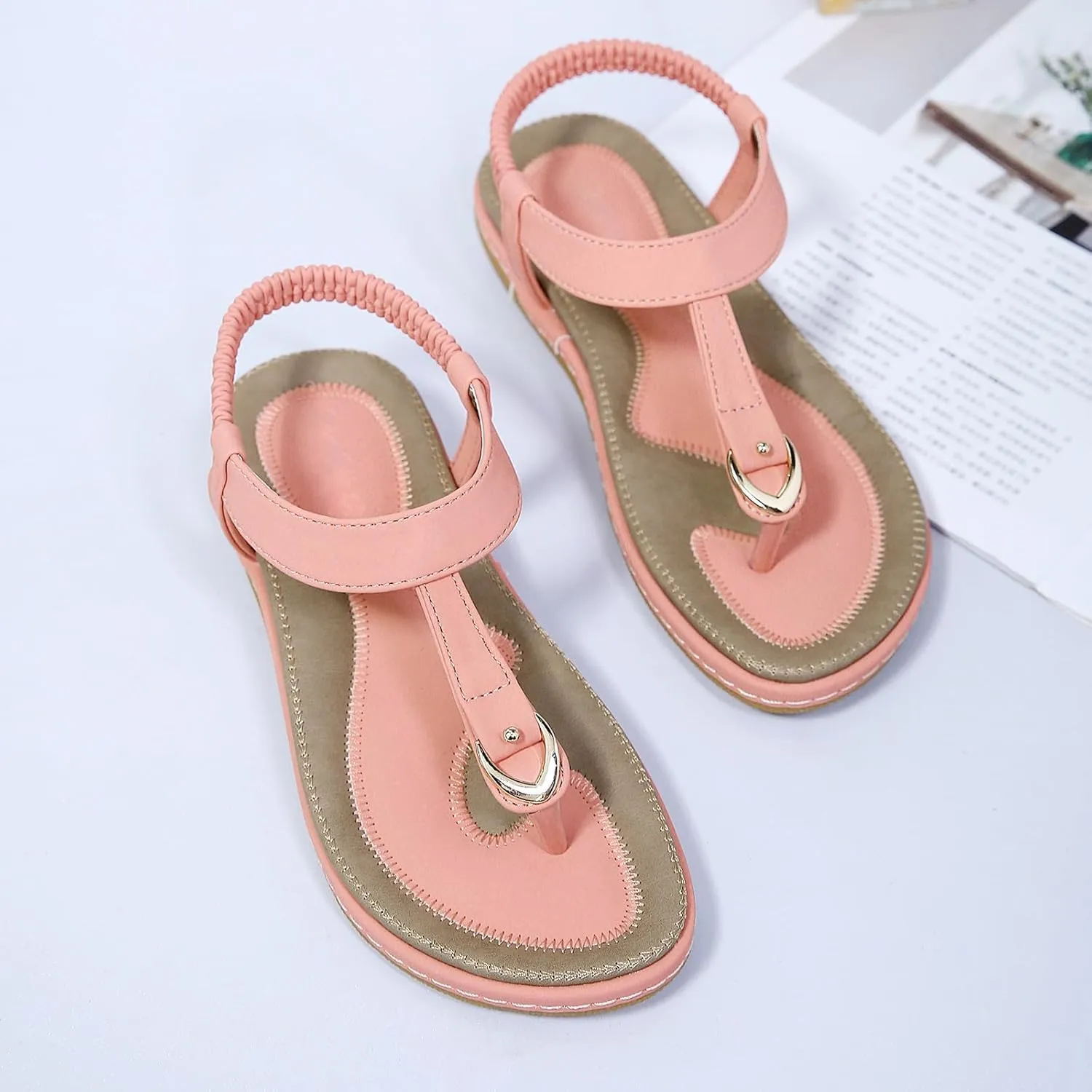 KUNWFNIX Womens Sandals Comfortable Summer Dressy Flat Sandals Bohemian Clip Toe Leather Upholstery T-Strap Flip Flop Thong Sandals