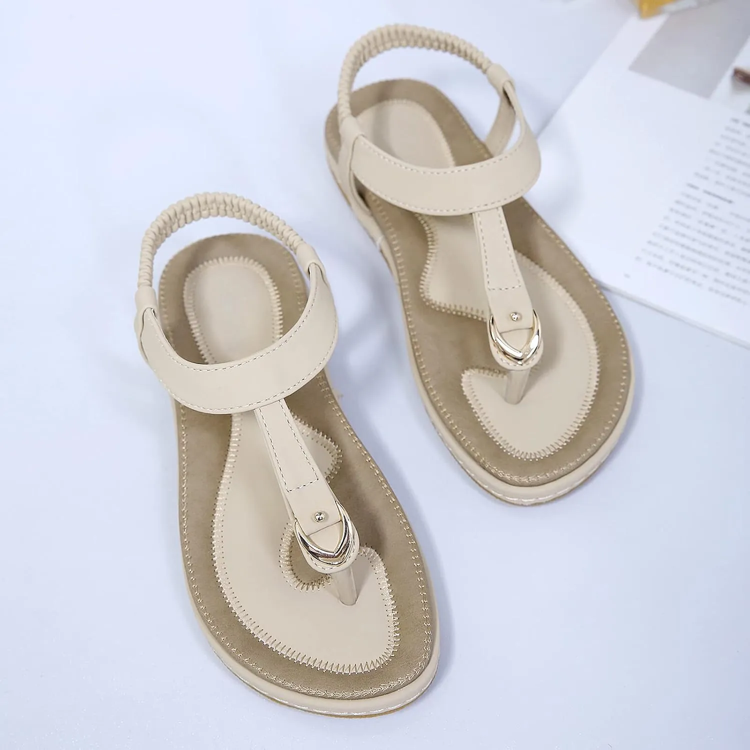 KUNWFNIX Womens Sandals Comfortable Summer Dressy Flat Sandals Bohemian Clip Toe Leather Upholstery T-Strap Flip Flop Thong Sandals