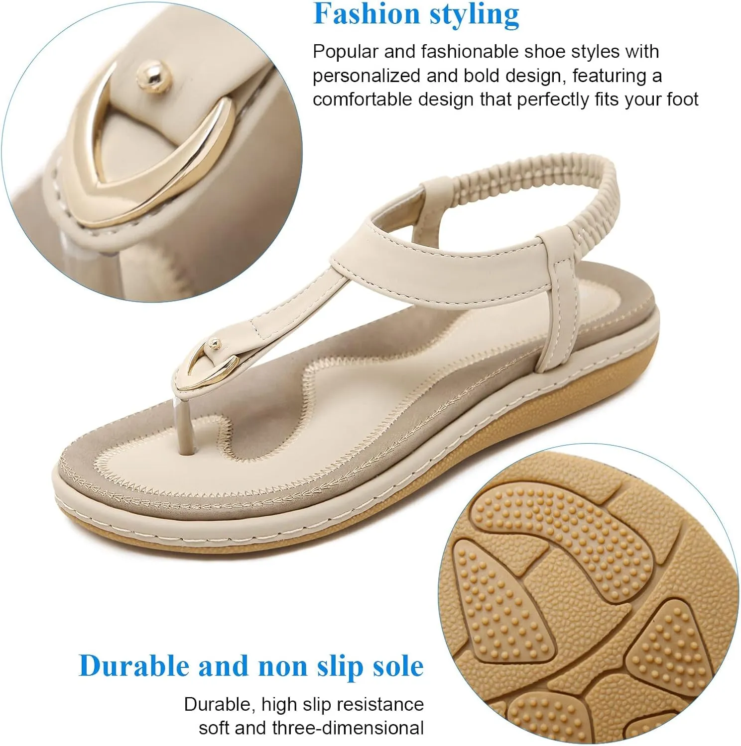 KUNWFNIX Womens Sandals Comfortable Summer Dressy Flat Sandals Bohemian Clip Toe Leather Upholstery T-Strap Flip Flop Thong Sandals