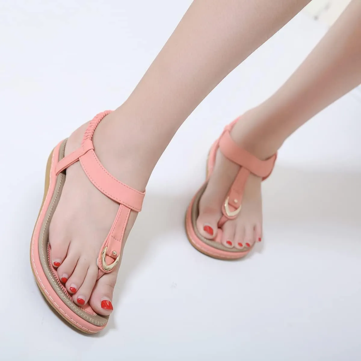 KUNWFNIX Womens Sandals Comfortable Summer Dressy Flat Sandals Bohemian Clip Toe Leather Upholstery T-Strap Flip Flop Thong Sandals