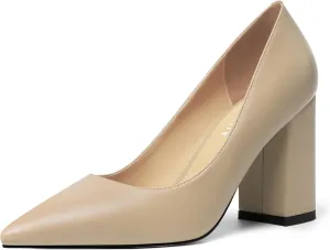 KUOARN Womens Office Formal Pointed Toe Solid Matte Slip On Block High Heel Pumps Shoes 3.3 Inch