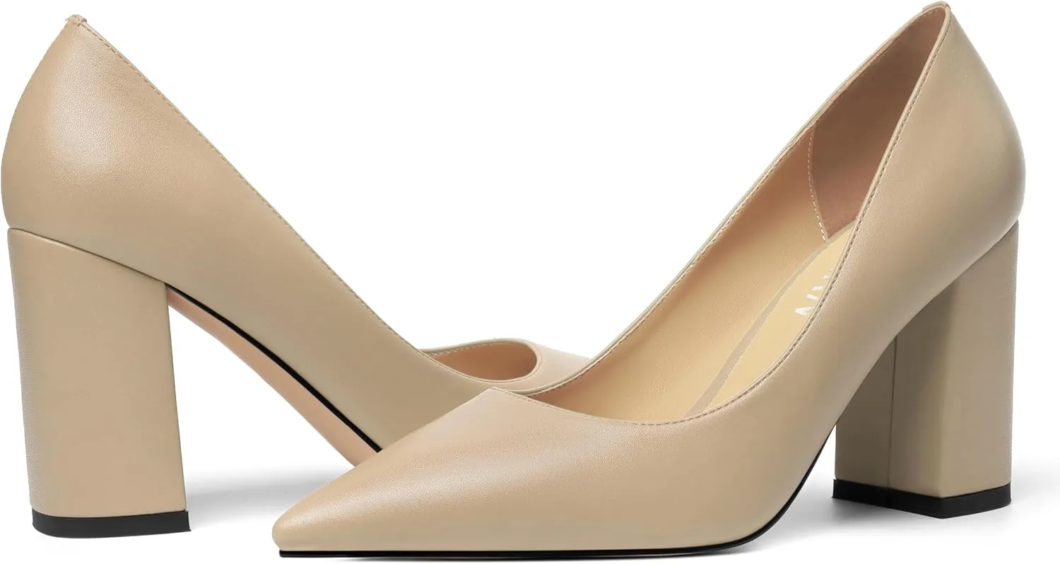 KUOARN Womens Office Formal Pointed Toe Solid Matte Slip On Block High Heel Pumps Shoes 3.3 Inch