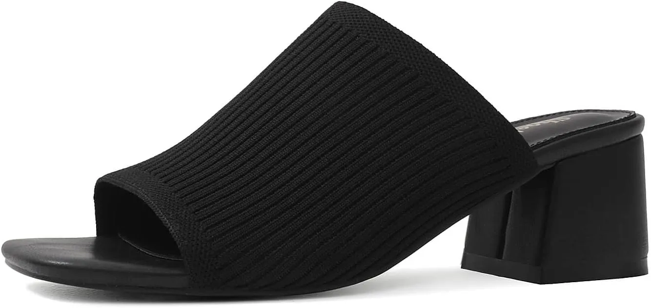 LACUONE Heeled Sandals For Women Square Open Toe Heeled Mules Block Low Heel Slip On Slides