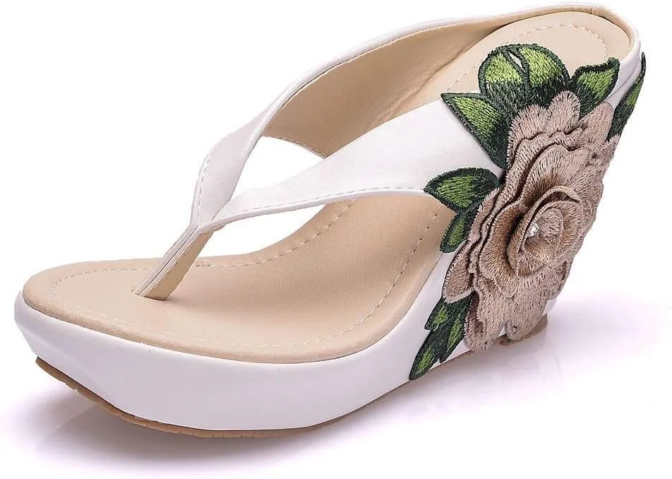 Ladies Flip Flop Sandals 9Cm Wedge Slippers Embroidered Flower Sandals Plus Size Platform Roman Sandals