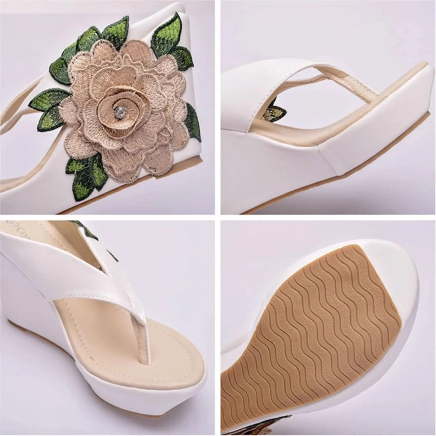 Ladies Flip Flop Sandals 9Cm Wedge Slippers Embroidered Flower Sandals Plus Size Platform Roman Sandals