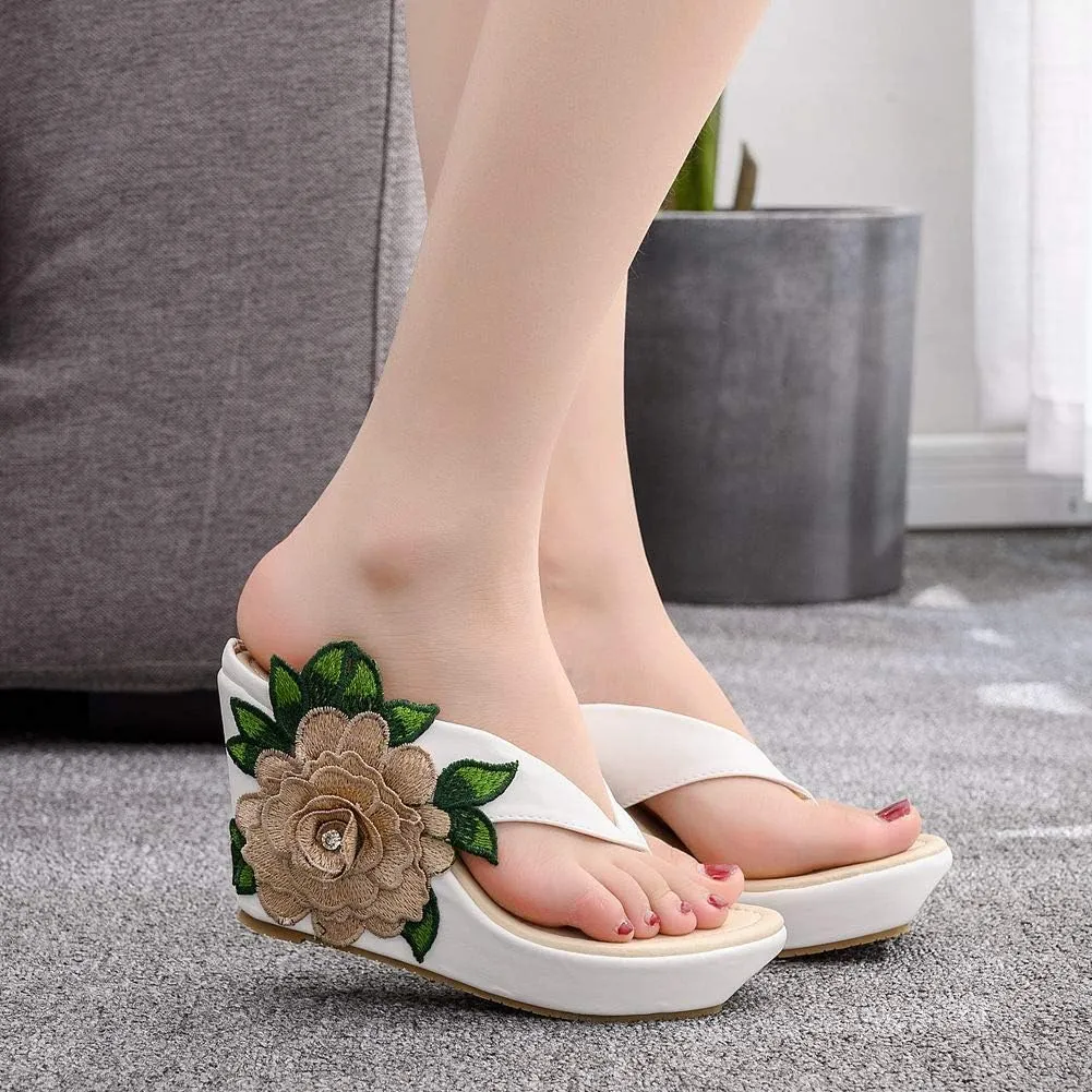 Ladies Flip Flop Sandals 9Cm Wedge Slippers Embroidered Flower Sandals Plus Size Platform Roman Sandals
