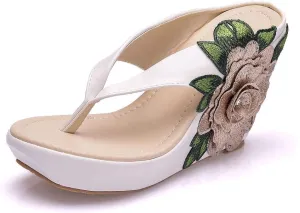Ladies Flip Flop Sandals 9Cm Wedge Slippers Embroidered Flower Sandals Plus Size Platform Roman Sandals