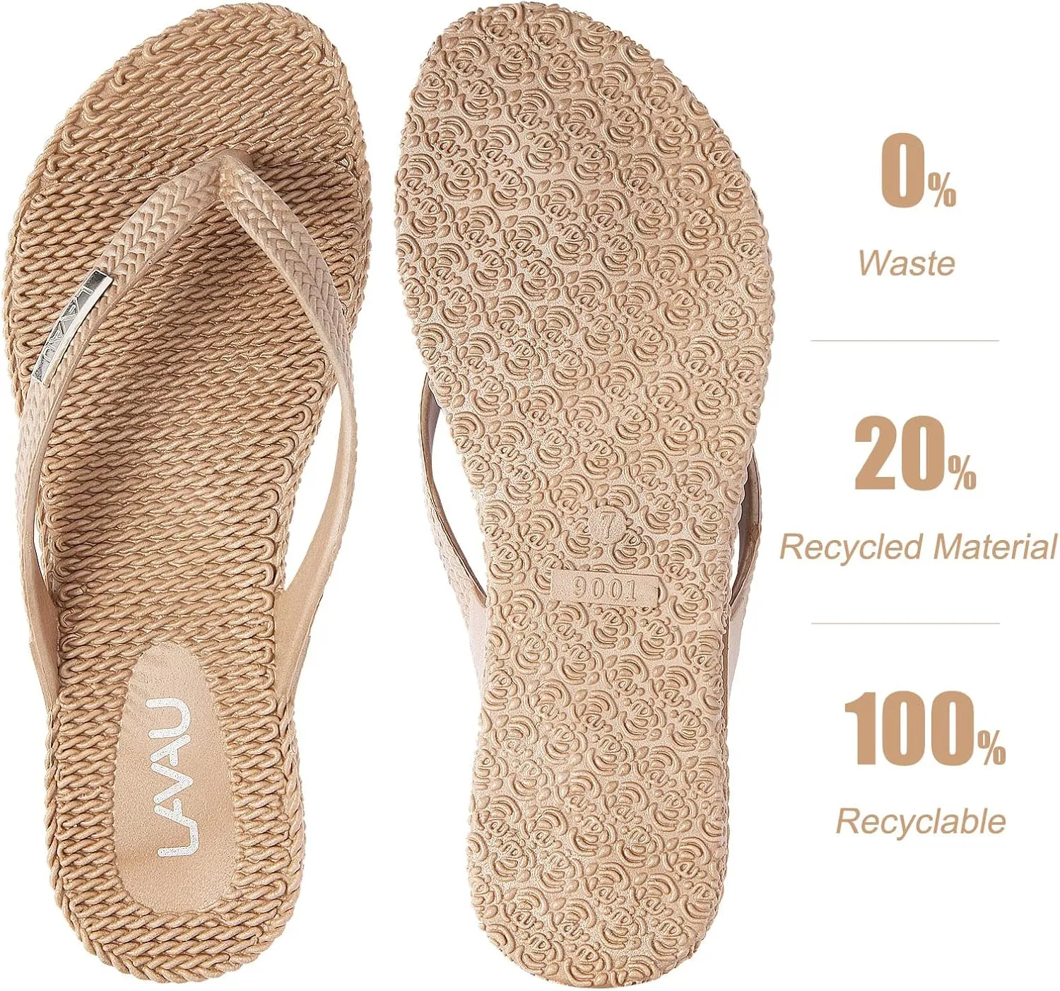 LAVAU Beach Flip Flops for Women, Water Sandals for Shower and Pool, Waterproof, Non-slip and 100% Recyclable