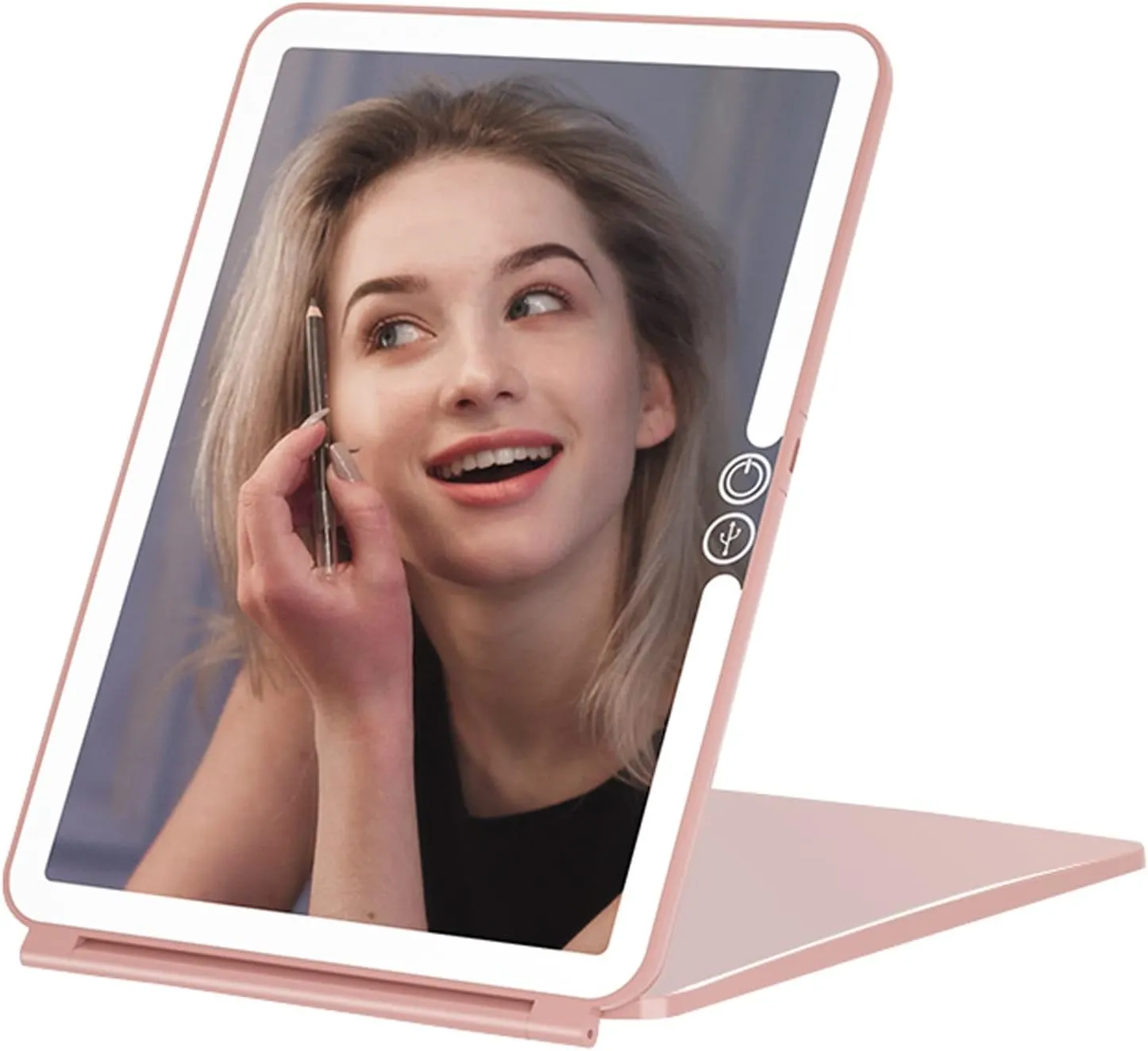 LED Makeup Mirror For Travel, Portable Vanity Mirror Compact, Lluminated Mirror Perfect For Travel, Slim, Rechargeable, With Brightness Adjustable, Desktop Makeup Mirror, Pink Make-up mirror with LED
