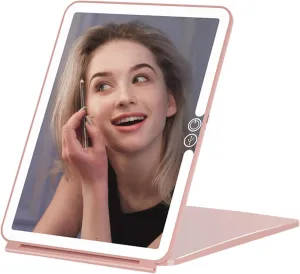 LED Makeup Mirror For Travel, Portable Vanity Mirror Compact, Lluminated Mirror Perfect For Travel, Slim, Rechargeable, With Brightness Adjustable, Desktop Makeup Mirror, Pink Make-up mirror with LED