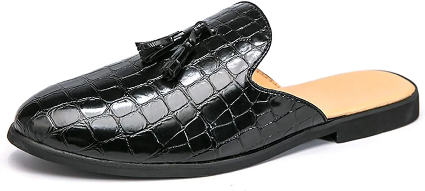 Leisure Loafer for Men Vegan Leather Crocodile Embossed Mule Shoes Round Toe Backless Sandals Slip on Tassel Stitching Slip Resistant Soft Slippers Solid Color Casual