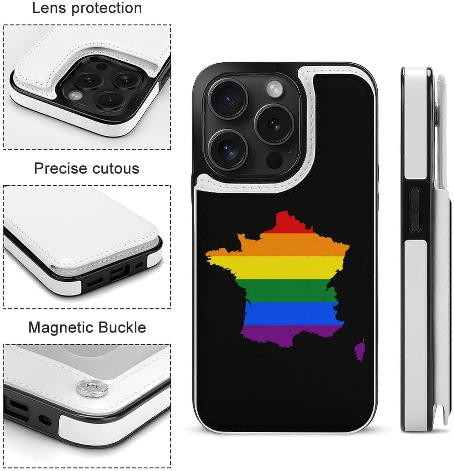 LGBT Flag Map of France Printed Flip Wallet Phone Case Compatible with iPhone 15/iPhone 15 Plus/iPhone 15 Pro/iPhone 15 Pro Max Protective Cover with Card Holder Kickstand