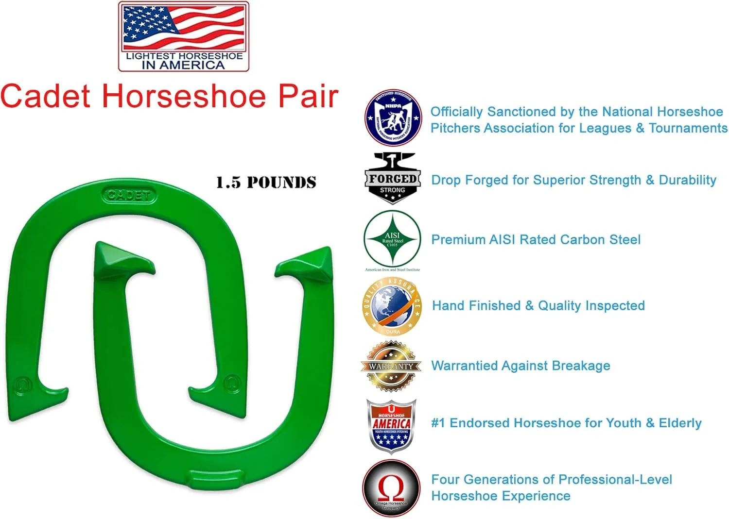 Light Weight Cadet Pitching Horseshoes - NHPA Sanctioned for Tournament Play - Drop Forged Steel - One Pair (2 Shoes)