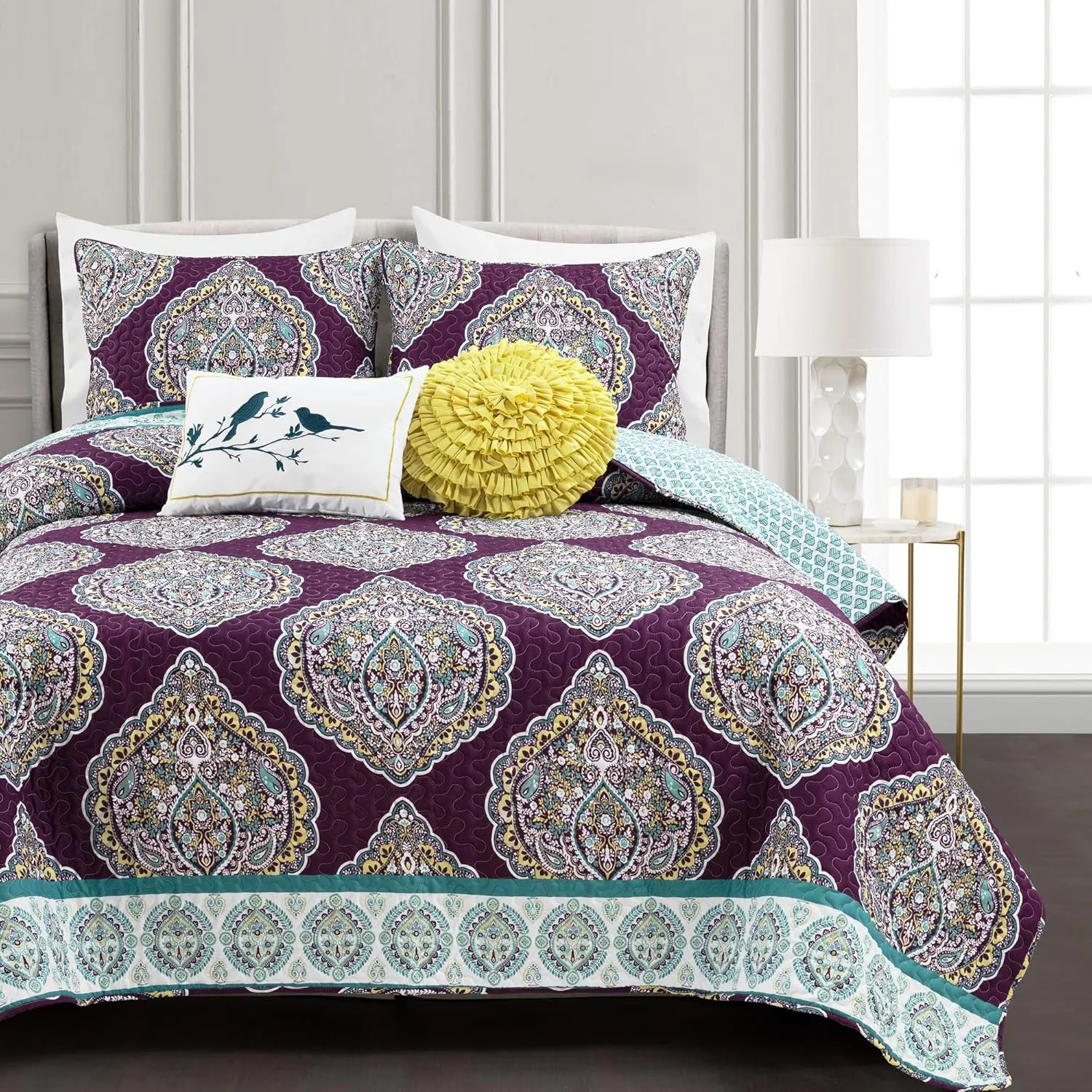Lush Decor Harley 5 Piece Quilt Set, King, Purple & Turquoise