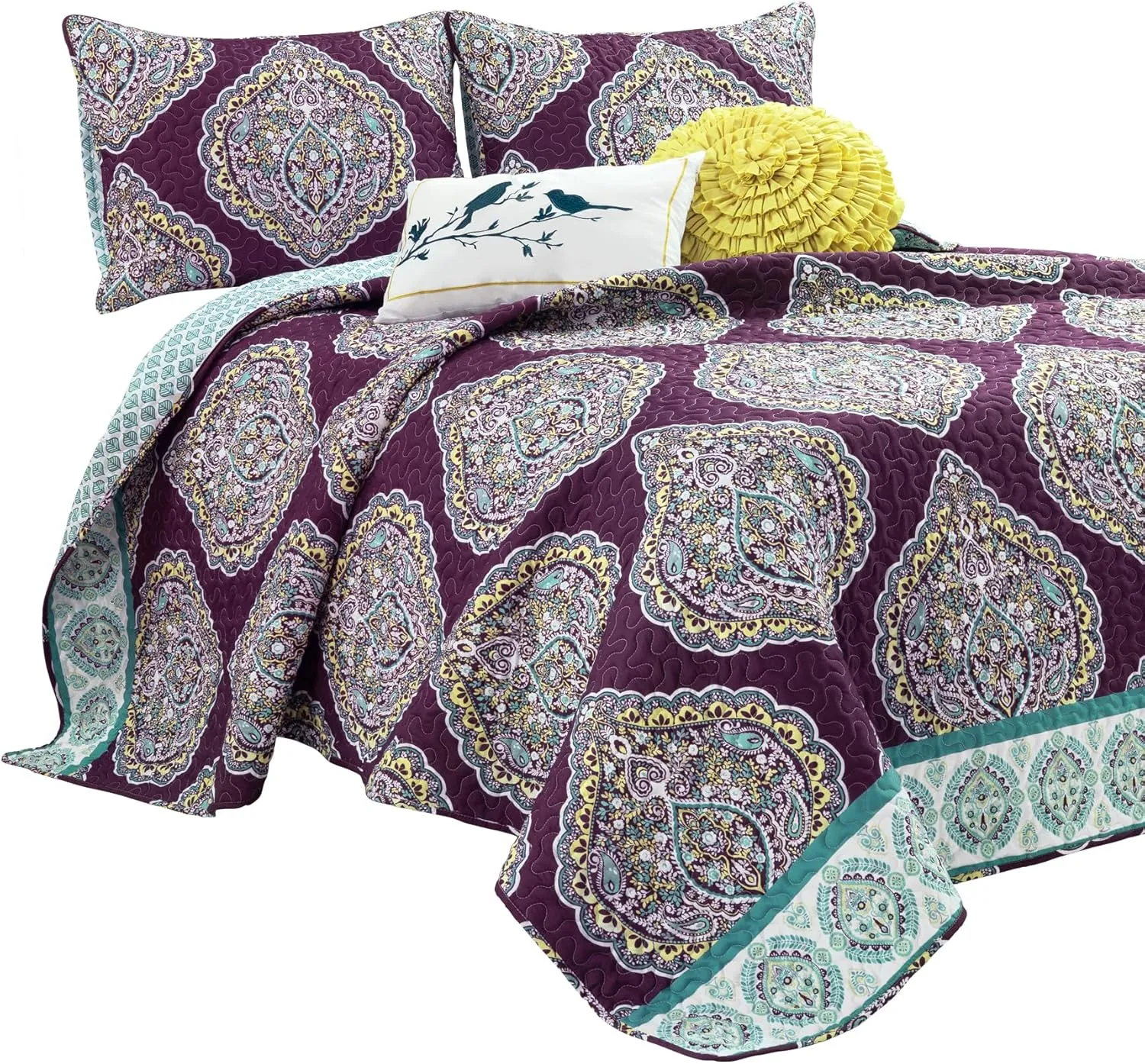 Lush Decor Harley 5 Piece Quilt Set, King, Purple & Turquoise