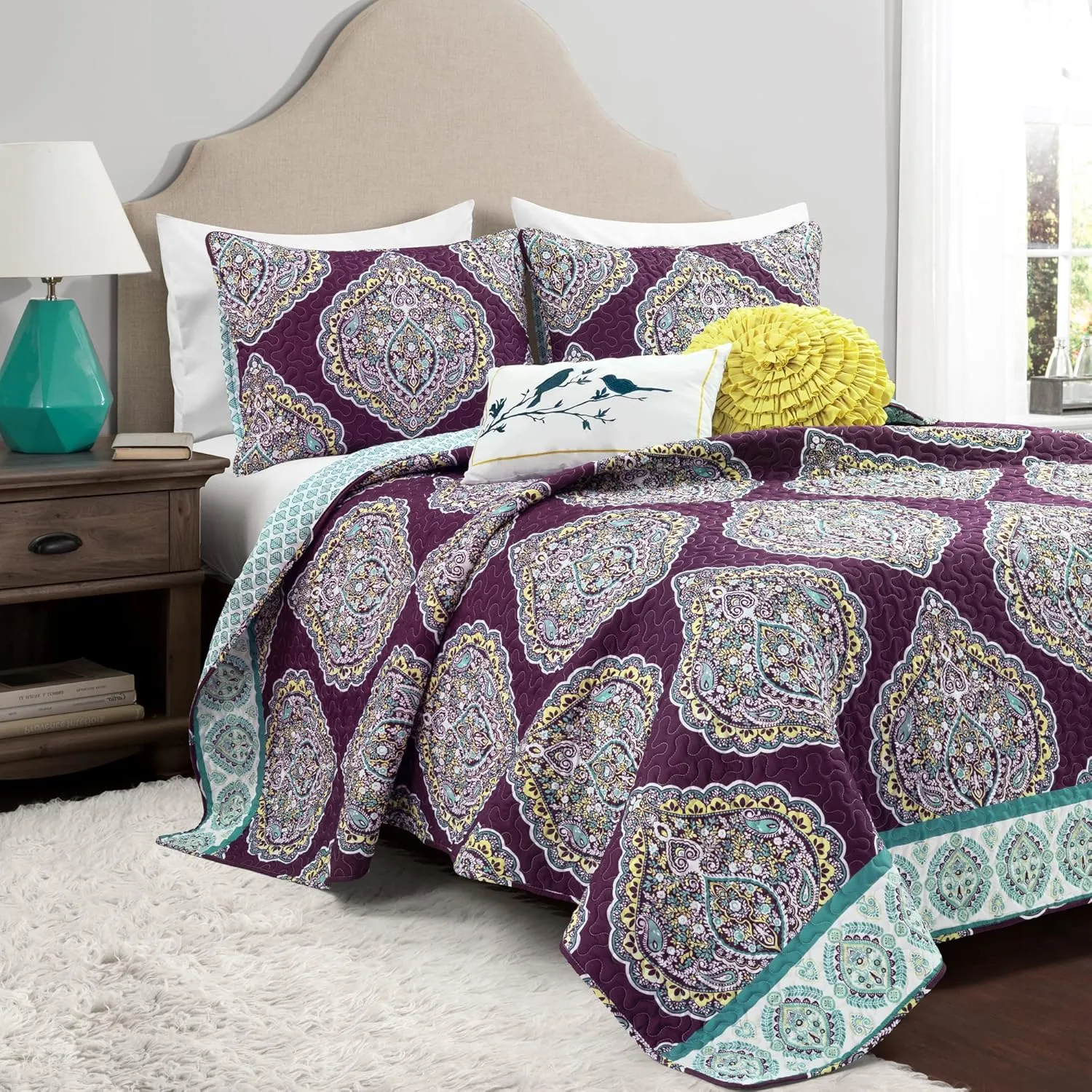 Lush Decor Harley 5 Piece Quilt Set, King, Purple & Turquoise