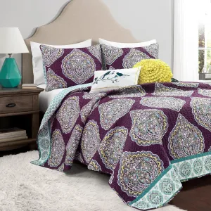 Lush Decor Harley 5 Piece Quilt Set, King, Purple & Turquoise