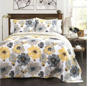 Lush Decor Leah Reversible Floral Quilt Set, 3 Piece Set, King, Yellow & Gray - Charming Floral Bedding Set - Large Blooming Watercolor Flowers