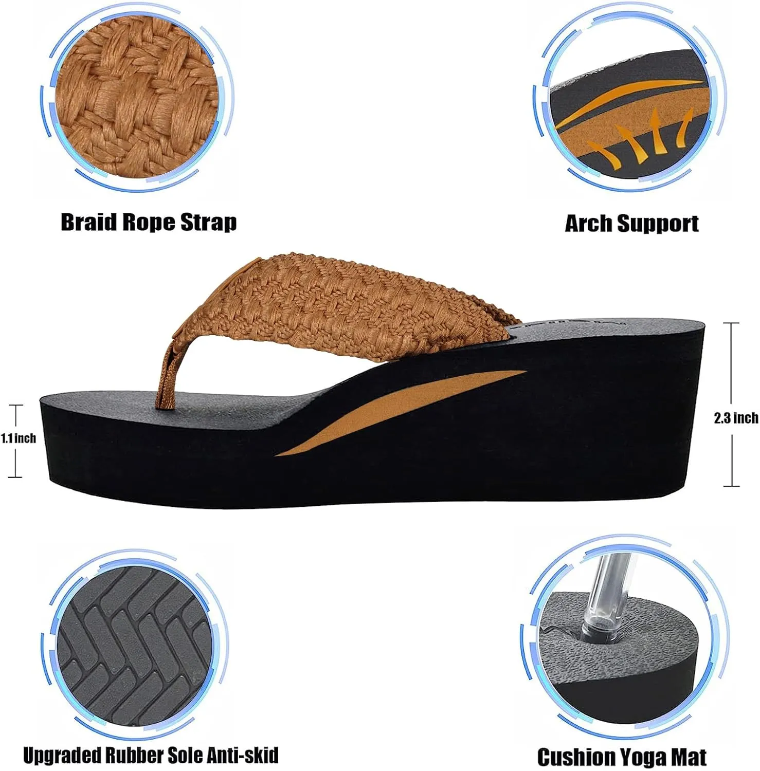 MALIDA Womens Wedge Arch Support Flip Flops Cushion Soft Rubber Midsole Platform Thong Sandals with Rubber Sole