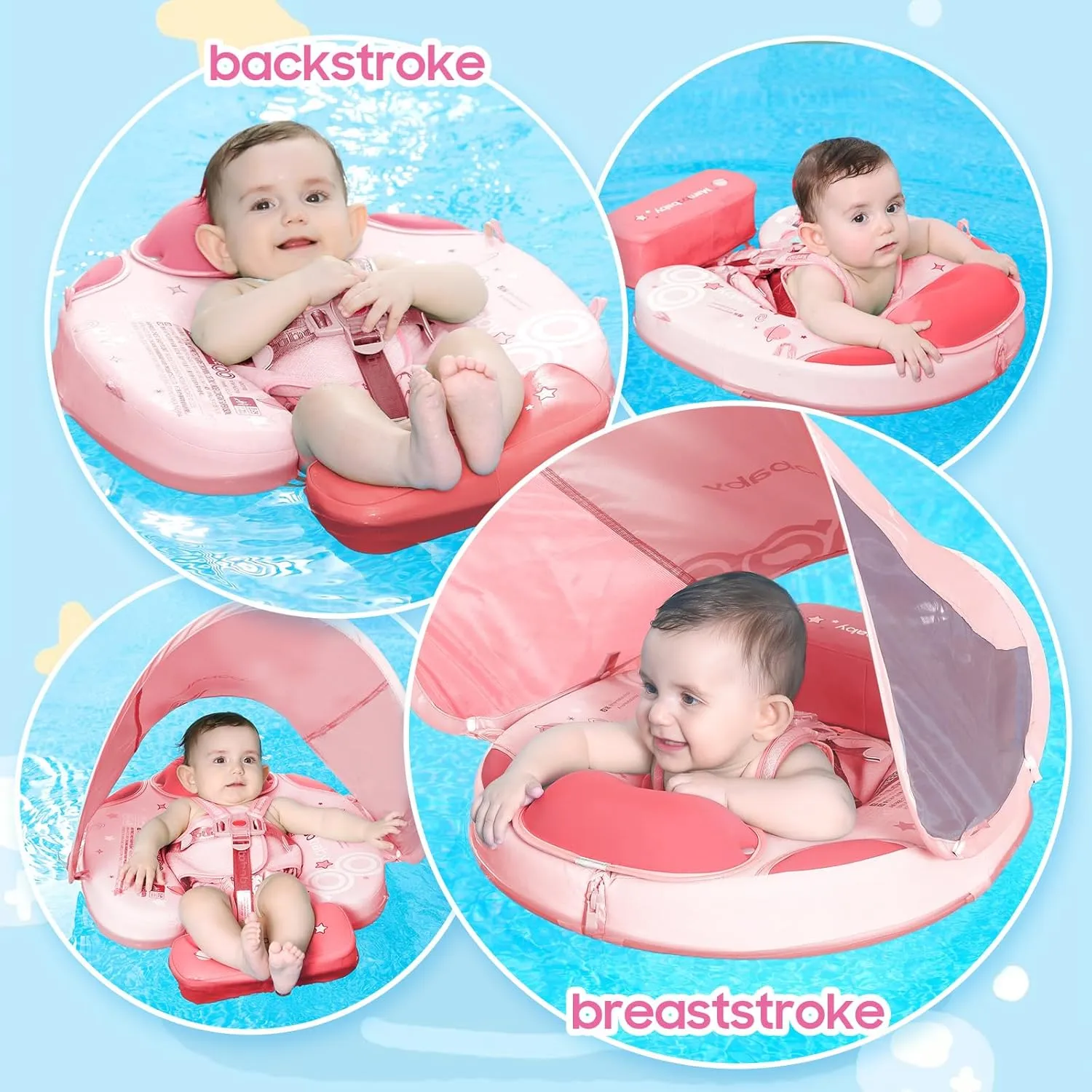 Mambobaby Non-Inflatable Baby Pool Float with Tail and Canopy UPF 50  Sun Protection No Flip Over Infant Swim Float Skin-Friendly Mambo Float Swim Trainer Solid Baby Swimming Ring Foldable Style