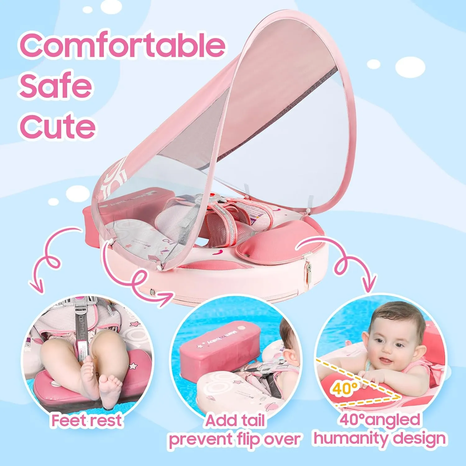 Mambobaby Non-Inflatable Baby Pool Float with Tail and Canopy UPF 50  Sun Protection No Flip Over Infant Swim Float Skin-Friendly Mambo Float Swim Trainer Solid Baby Swimming Ring Foldable Style