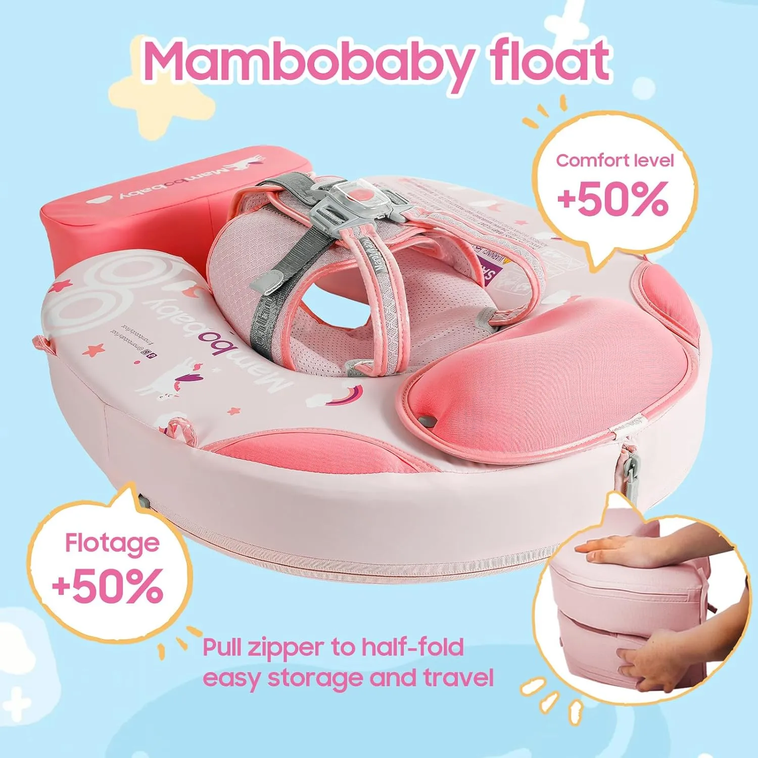 Mambobaby Non-Inflatable Baby Pool Float with Tail and Canopy UPF 50  Sun Protection No Flip Over Infant Swim Float Skin-Friendly Mambo Float Swim Trainer Solid Baby Swimming Ring Foldable Style