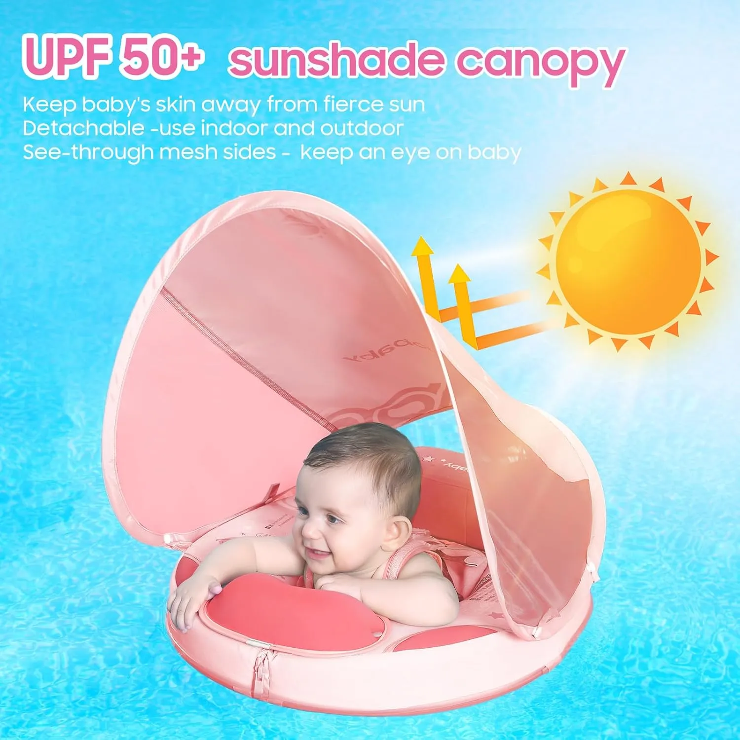 Mambobaby Non-Inflatable Baby Pool Float with Tail and Canopy UPF 50  Sun Protection No Flip Over Infant Swim Float Skin-Friendly Mambo Float Swim Trainer Solid Baby Swimming Ring Foldable Style
