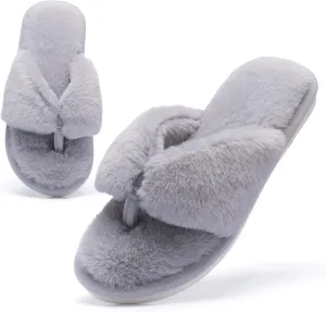 MAXTOP Fluffy House Slippers for Women Open Toe Cute Memory Foam Flip Flop Slippers Indoor Outdoor Soft Slides Shoes