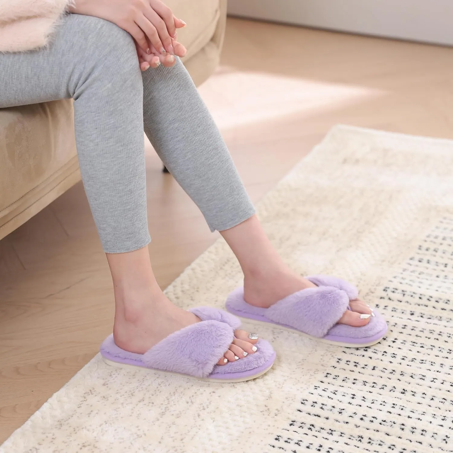 MAXTOP Fluffy House Slippers for Women Open Toe Cute Memory Foam Flip Flop Slippers Indoor Outdoor Soft Slides Shoes
