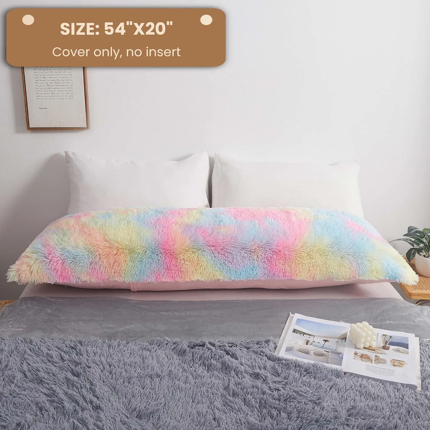 MEGO Rainbow Print Fluffy Body Pillow Cover, 20x54 Shaggy Faux Fur Body Pillow Case, Tie Dye Soft Plush Fuzzy Body Pillowcase, Furry Long Bed Pillow with Zipper for Kids Girls Children Women Rainbow
