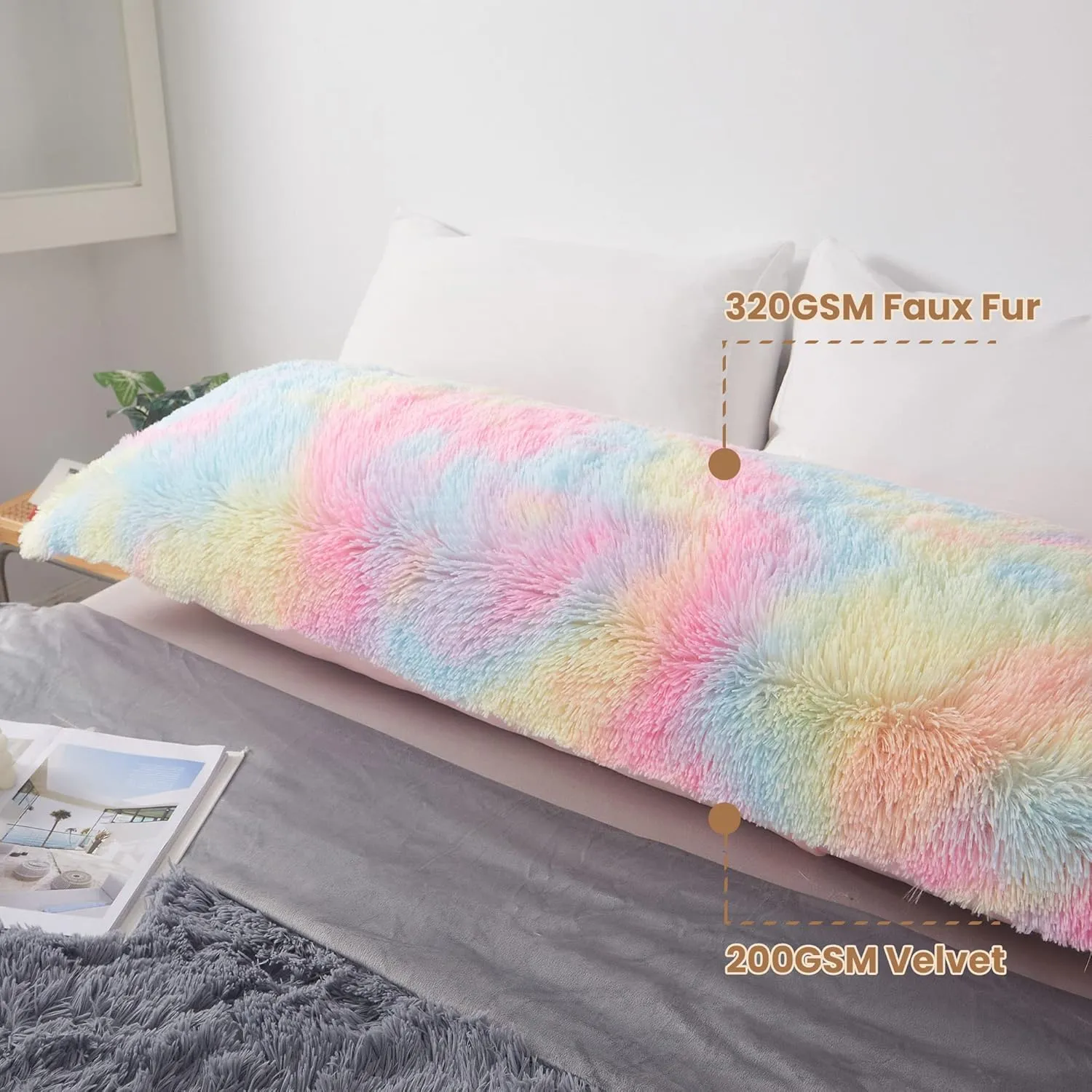 MEGO Rainbow Print Fluffy Body Pillow Cover, 20x54 Shaggy Faux Fur Body Pillow Case, Tie Dye Soft Plush Fuzzy Body Pillowcase, Furry Long Bed Pillow with Zipper for Kids Girls Children Women Rainbow