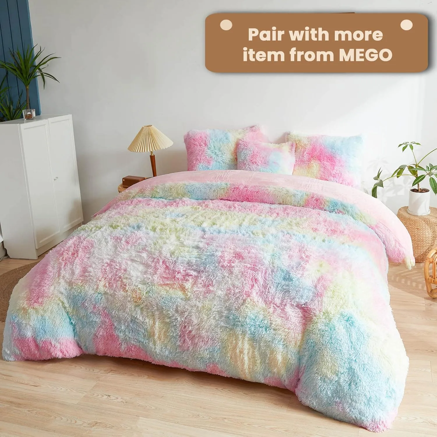 MEGO Rainbow Print Fluffy Body Pillow Cover, 20x54 Shaggy Faux Fur Body Pillow Case, Tie Dye Soft Plush Fuzzy Body Pillowcase, Furry Long Bed Pillow with Zipper for Kids Girls Children Women Rainbow
